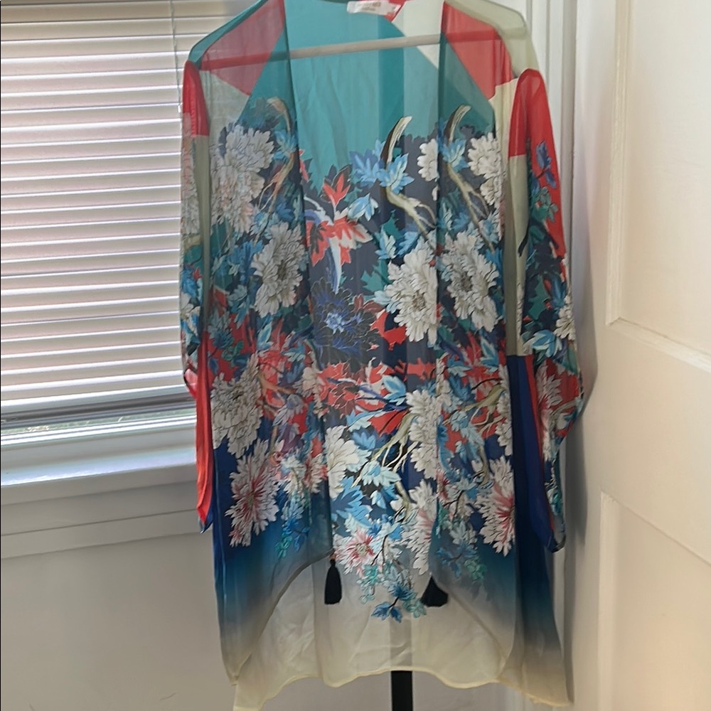 NWOT Johnny Was Red and Blue Floral Silk Kimono/ one size/ tassels/36” length